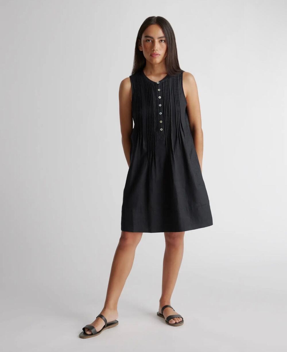 Quince 100% European Linen Sleeveless Swing Relaxed Pleated Dress Pockets Medium